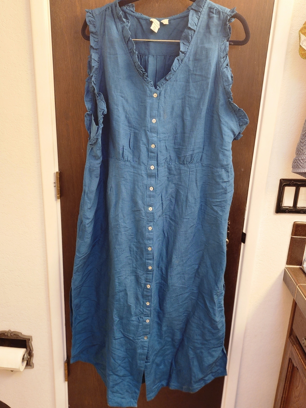 Sundance XXL Linen Blend Empire Bust Ruffle Dress in Teal Blue